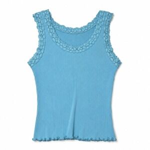 Y2K Cha Cha Vente Baby Blue Tank Top Lace Trim Size L 2000s Lettuce Hem USA Made